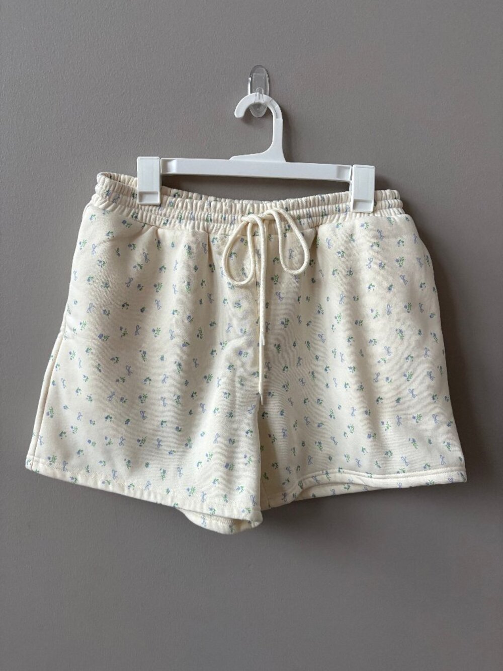 Pretty Garbage Thick Sweatshirt shorts, Cream with blue flowers, Size Large